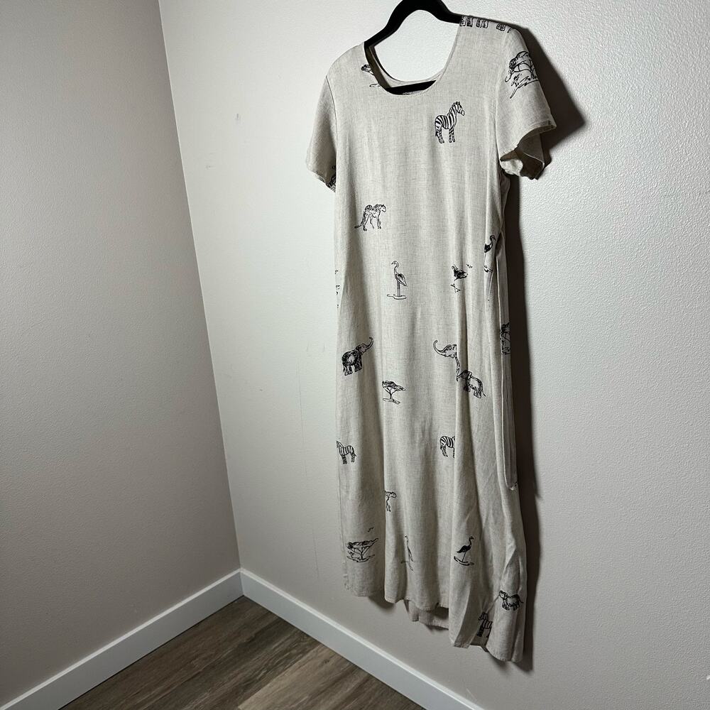 Vintage 90s Connie Choy Safari Animal Print Midi Dress Rayon Linen Tie Waist S M - Picture 9 of 16